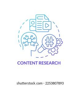 Content Research Blue Farbverlauf-Symbol. Datenanalyse. Identifizieren Sie Geschäftstrends. AI im Marketing abstrakte Idee dünne Linie Illustration. Einzeln Umrisszeichnung. Myriad Pro-Fett-Schriftart verwendet