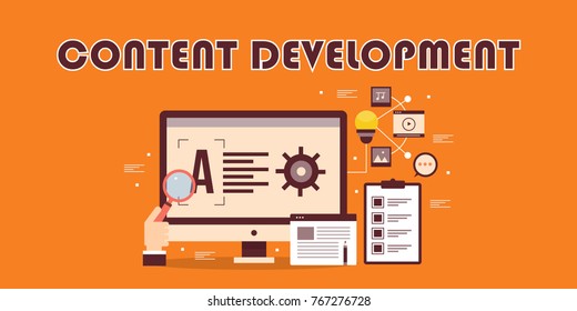 content research, content development, writing, marketing, digital media flat vector banner illustration with icons