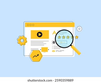 Content research - digital marketing by identifying trends and analyzing data tools. Effective research helps create interactive content and optimize digital marketing strategies. Vector illustration