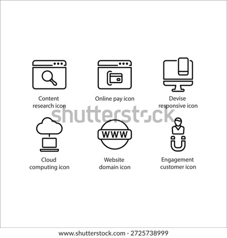 Content research, Online pay, Devise responsive, Cloud computing, Website domain, Engagement customer, icon
