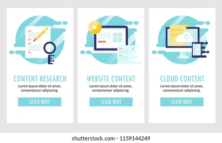 Content research, website content, cloud content marketing flat design UI for website and mobile isolated on white background