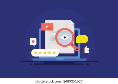 Revisión de contenido, Análisis de contenido, Estrategia de contenido para el motor de búsqueda, Publicación de contenido de redes sociales, Me gusta, Compartir, Amor - Fondo de Ilustración vectorial