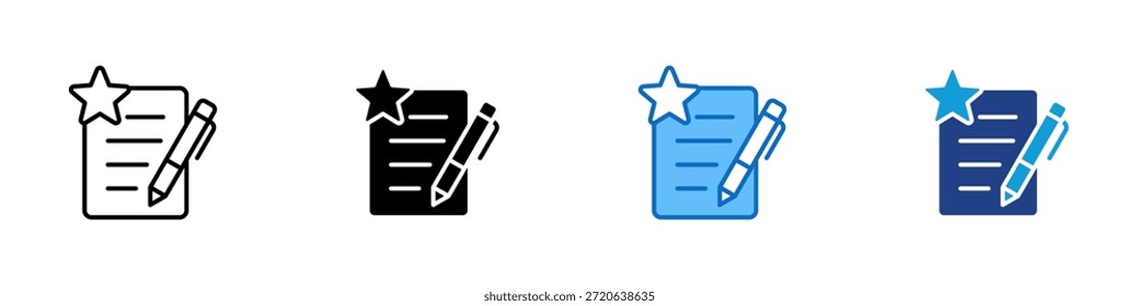 Vector de diseño de íconos de varios estilos: documento con una estrella y un lápiz que representa la escritura, la calificación, las revisiones y las tareas editoriales