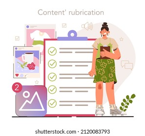 Content rubrication. Social media content manager guidance. How create visual content. Digital promotion technology. Flat vector illustration