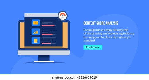 Corrector de puntuación de contenido en línea, análisis de contenido en tiempo real, análisis de contenido SEO - página de inicio de ilustración vectorial con iconos