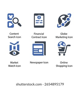 Búsqueda de contenido, Contrato financiero, Marketing global, Reloj de mercado, Periódico, Compras en línea, icono