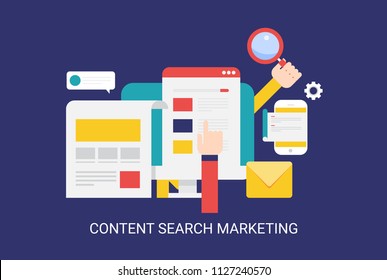 Content search - Content marketing - Digital content - flat design vector illustration isolated on dark background