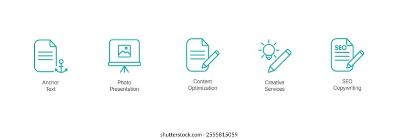 Content and SEO Design Icon Set – Anchor Text, Photo Presentation, Content Optimization, Creative Services, and SEO Copywriting Design