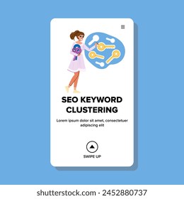 content seo keyword clustering vector. search engine, analysis tools, research target content seo keyword clustering web flat cartoon illustration