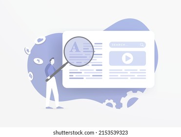 Content SEO marketing strategy concept. Creating digital publishing content that helps your web pages to rank high in the search engines. Research keywords, search engine success factors illustration