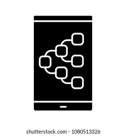 Content sharing app glyph icon. Smartphone screen with hierarchy sign. Silhouette symbol. Negative space. Vector isolated illustration