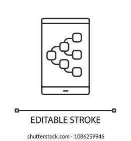 Content sharing app linear icon. Thin line illustration. Smartphone screen with hierarchy sign. Contour symbol. Vector isolated outline drawing. Editable stroke