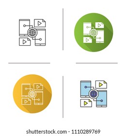Content sharing icon. Internet smartphone data transfer. Flat design, linear and color styles. Isolated vector illustrations