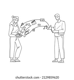 Content Sharing On Smartphone Man And Woman Black Line Pencil Drawing Vector. Young Boy And Girl Content Sharing On Mobile Phone, Social Media Files Sending And Share Together. Characters Illustration