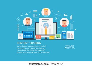 Content sharing on social media, content publication and marketing, engaging content flat vector illustration with icons