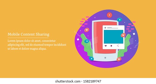 Content sharing, Social media post, Social media app on mobile - gradient style vector illustration banner