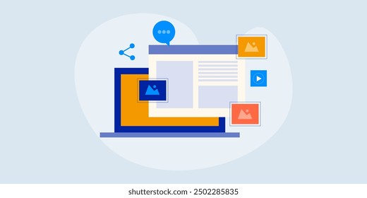 Content sharing through Social media channels, Email marketing and Search engine optimization, Digital content marketing strategy - vector illustration background with icons