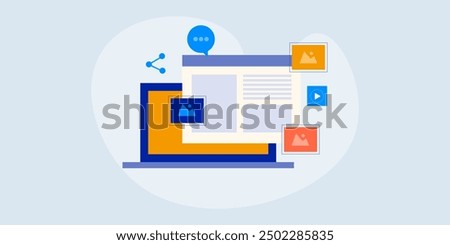 Content sharing through Social media channels, Email marketing and Search engine optimization, Digital content marketing strategy - vector illustration background with icons