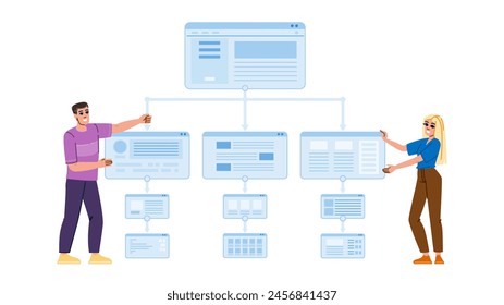 Vector de estructura de silos de contenido. jerarquía de la organización, arquitectura de enlace, estrategia de navegación contenido estructura de silos carácter. personas ilustración de dibujos animados plana