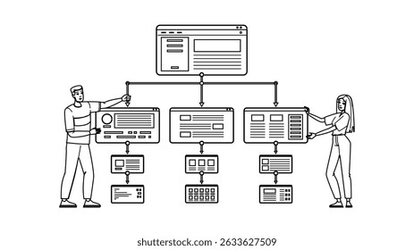 content silo structure vector. organization hierarchy, linking architecture, navigation strategy content silo structure character. people black line pencil drawing illustration