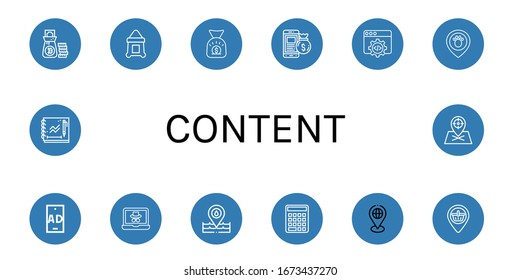 content simple icons set. Contains such icons as Money bag, Sack, Web development, Placeholder, Ad, Webpage, Seo, Sketchbook, can be used for web, mobile and logo