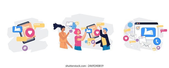 Content or SMM managers at work, set of vector illustrations. SMM strategy, business people busy with email or digital marketing projects, flat vector illustration isolated on white.