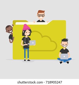 Content storage. Cloud folder. Young characters sitting and standing around the big yellow folder / flat editable vector illustration, clip art