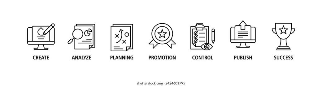 Content strategy banner web icon vector illustration concept with icon of create, analyze, planning, promotion, control, publish and success