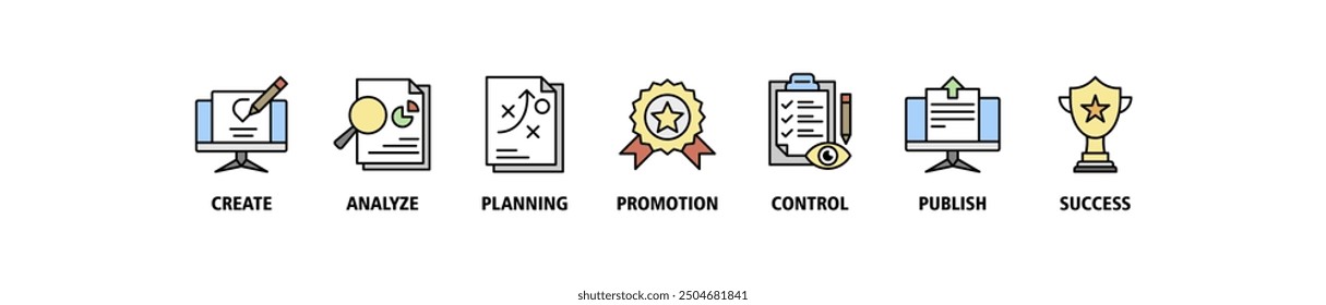 Content strategy banner web icon set vector illustration concept with icon of create, analyze, planning, promotion, control, publish and success icons symbol live stroke and easy to edit