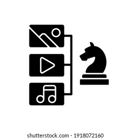 Content strategy black glyph icon. Social media planning. Responsive user interface mapping. User experience. Multimedia structure. Silhouette symbol on white space. Vector isolated illustration