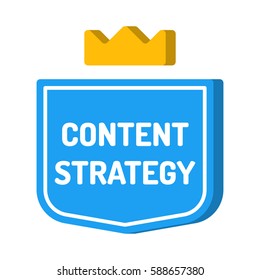 Content strategy. Blue badge with crown icon. Vector with 3d effect, illustration on white background.