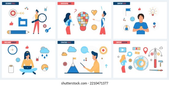 Content Strategy, Business And Global Design Trends Set Vector Illustration. Cartoon Advertising And Brand Development, Social Media Marketing Concept For Banner, Website Design Or Landing Web Page