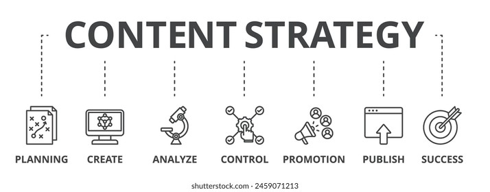 Content strategy concept icon illustration contain competence planning, create, analyze, control, promotion, publish and success.