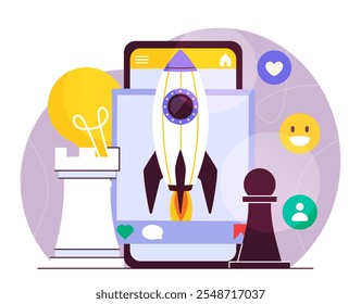 Concepto de estrategia de contenido. Piezas de cohete y ajedrez en la pantalla del smartphone. Promoción en Internet y redes sociales. Marketing en redes sociales. Ilustración vectorial plana aislada sobre fondo blanco