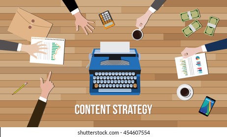 content strategy concept team work together with paper document chart with type machine on wooden table vector graphic illustration