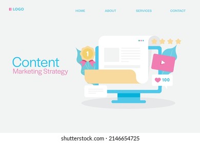 Content-Strategie, Content-Entwicklung, Content-Marketing, Blogging, Social Media-Marketing - flache Design-Landing-Page-Vorlage