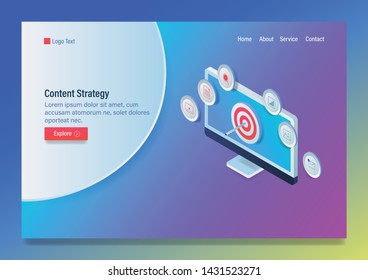 Content strategy development, Content marketing, Target marketing, flat style 3D, isometric, vector banner with icons and texts