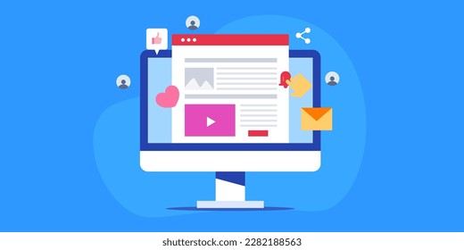 Desarrollo de estrategias de contenido, marketing de contenido a través de publicidad en medios sociales, email marketing y optimización de contenidos - fondo de ilustración vectorial con iconos