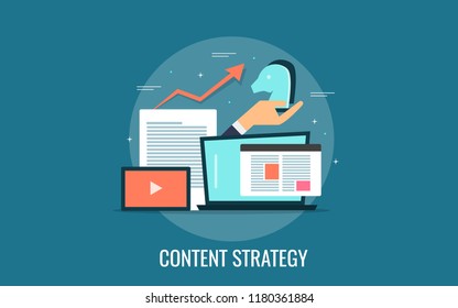 Content strategy, digital content marketing concept, business contents flat design vector illustration