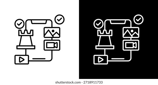 Ilustración vectorial de contorno rellena de iconos de estrategia de contenido en blanco y negro