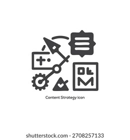 Icono de estrategia de contenido con engranaje, flecha, documento y burbuja de voz, que representa la planificación de marketing, análisis de datos y participación