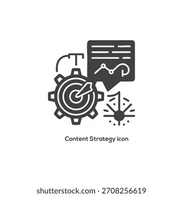 Icono de estrategia de contenido con engranaje, objetivo, gráfico y burbuja de voz, que representa la planificación de marketing, el análisis de datos y el compromiso