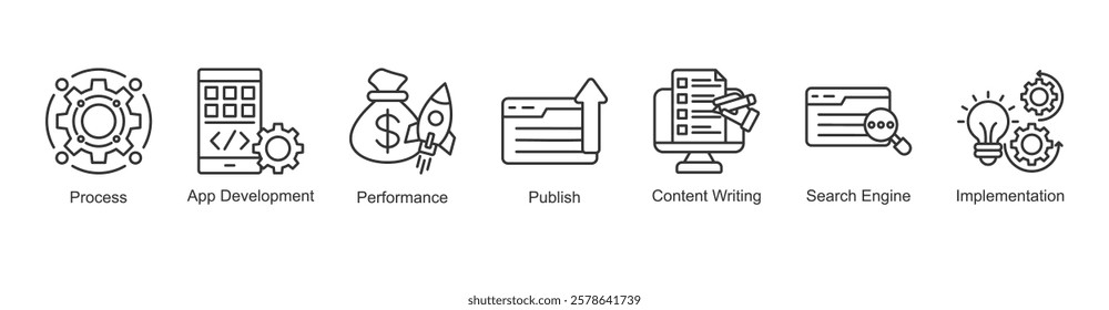 Content Strategy Icon Publish, Process, App Development, Performance, Content Writing, Search Engine, Implementation