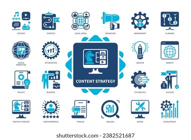 Content Strategy icon set. Content, Creative, Planning, Analysis, Development, Project, Digital Marketing, Success. Duotone color solid icons