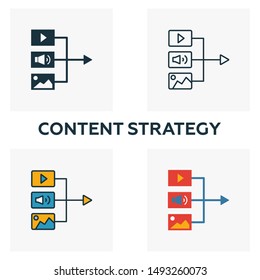 Content Strategy icon set. Four elements in diferent styles from content icons collection. Creative content strategy icons filled, outline, colored and flat symbols.