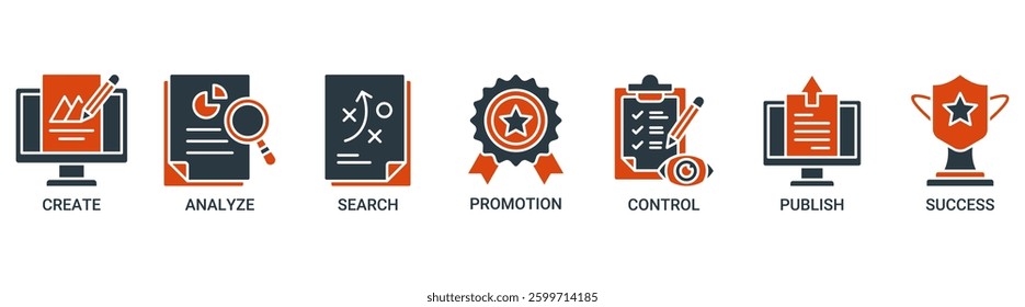 Content strategy icon set. Vector illustration concept with icon of create, analyze, planning, promotion, control, publish and success icons. Solid color vector symbol background.