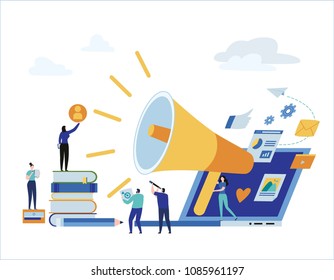 Content Strategy Marketing Advertising. Vector Illustration Infographic
Social Media Business Concept,
Small People Working Decorated Laptop Technology.
Flat Cartoon Design For Mobile And Web Concept.