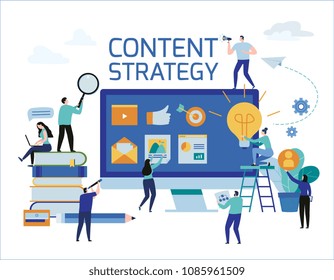 Content strategy marketing advertising. vector illustration infographic
social media business concept,
small people working decorated laptop technology.
flat cartoon design for mobile and web concept.