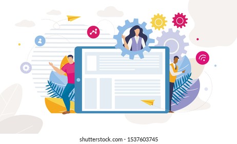 Content Strategy Marketing Development. Cartoon Multiracial People Male Characters and Female in Team Leader Gearwheel over Huge Tablet Digital Screen. Social Media Business. Vector Flat Illustration