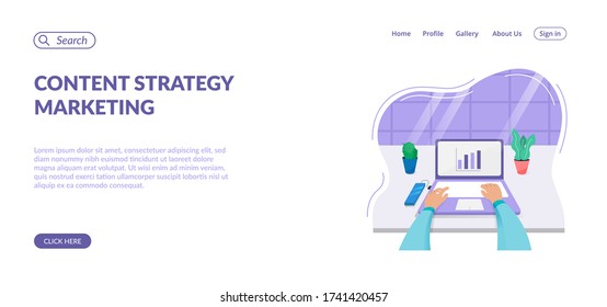 Content strategy marketing landing page. Hand typing on notebook in working space office illustration.